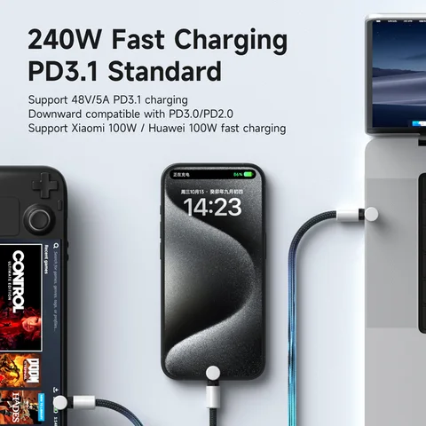 Кабель Hagibis USB C — USB C с защитной крышкой, кабель типа C емкостью 240 Вт PD 3,1, кабель для быстрой зарядки для iPhone 16 17 Macbook Pro iPad