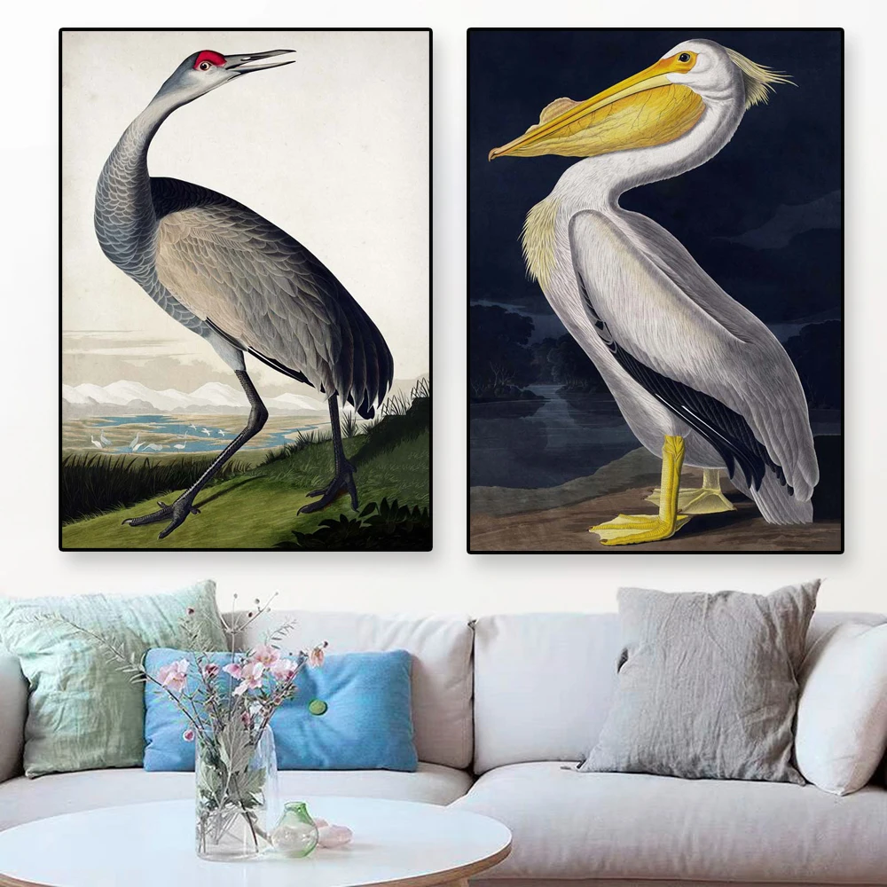 

Vintage Bird Canvas Painting Great Blue Heron Vintage Art Print Audubon Bird Posters Pink Flamingo White Egret Wall Home Decor