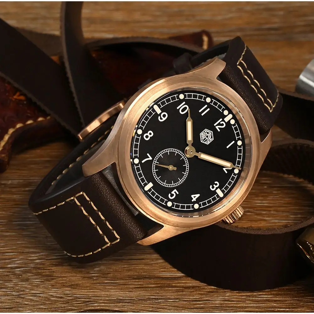 

San Martin 37mm Pilot RONDA 6004 Men Watch Bronze Vintage Military Simple Fashion Style Quartz Clock Leather 10 Bar Relojes