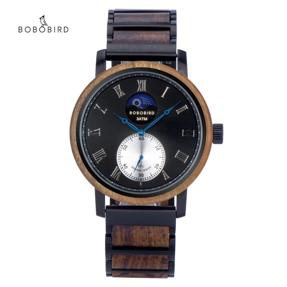 BOBO BIRD New 44mm Men Watch Wood and Stainless Steel Classic Roman Numerals Quartz Watches with Moon Phase Elegant Timepiece