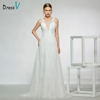 dressv elegant v neck a line wedding evening dress sleeveless backless lace long simple wedding dresses for women 2022 bride
