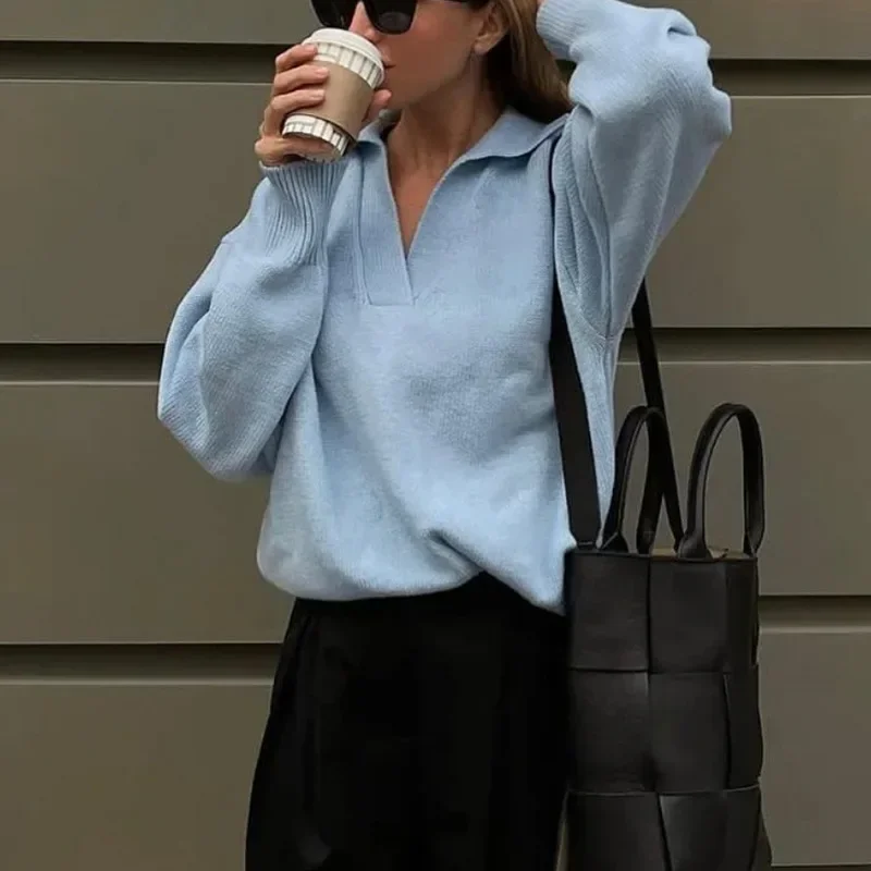 

2023 New European and American Autumn and Winter Women's Polo Neck Knitted Sweater Casual Women's Pullover