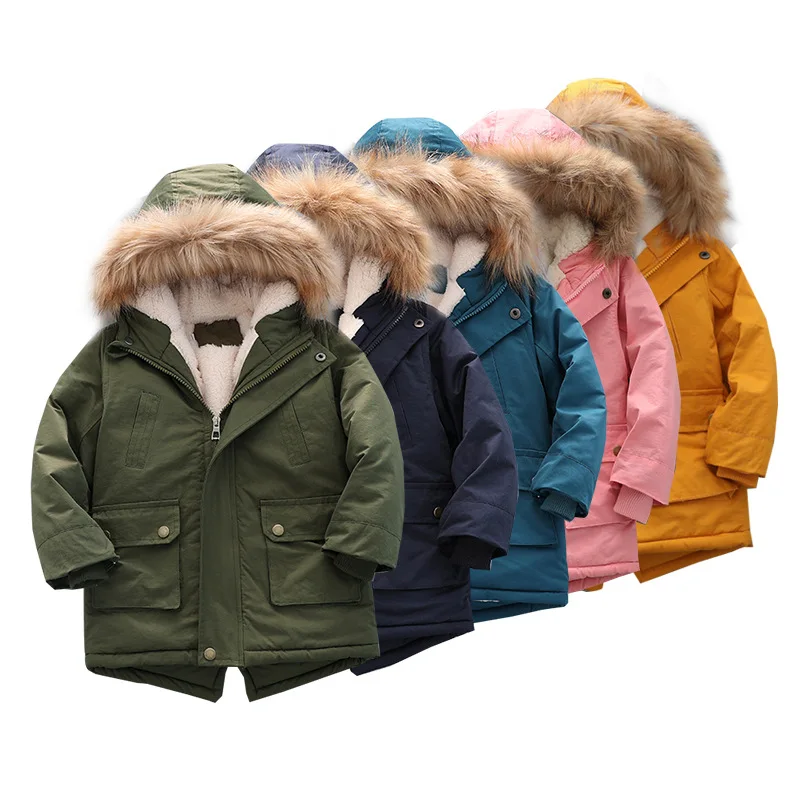 

New Boys Girls Jacket Plus Velvet Thick Warm Hooded Zipper Coat Kids Clothing Winter Woolen Outerwear 2-8Y Child Cotton Clothes
