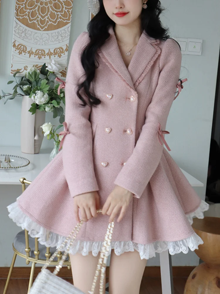 

Warm Winter Pink Sweet Elegant Dress Women Lace Korean Style Party Mini Dress Female Long Sleeve France Vintage Cute Dress Coat