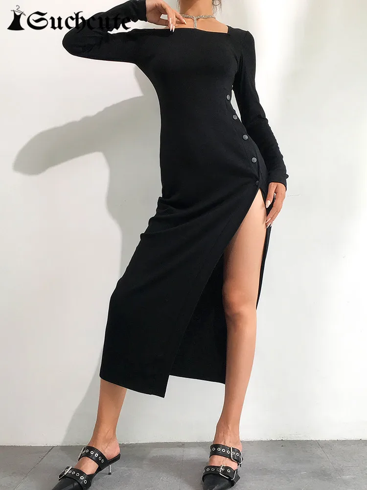 SUCHCUTE-vestido Midi negro con abertura para mujer, vestido elegante de un hombro con botones, moda coreana para mujer, fiesta nocturna oscura de los años 90, 2022