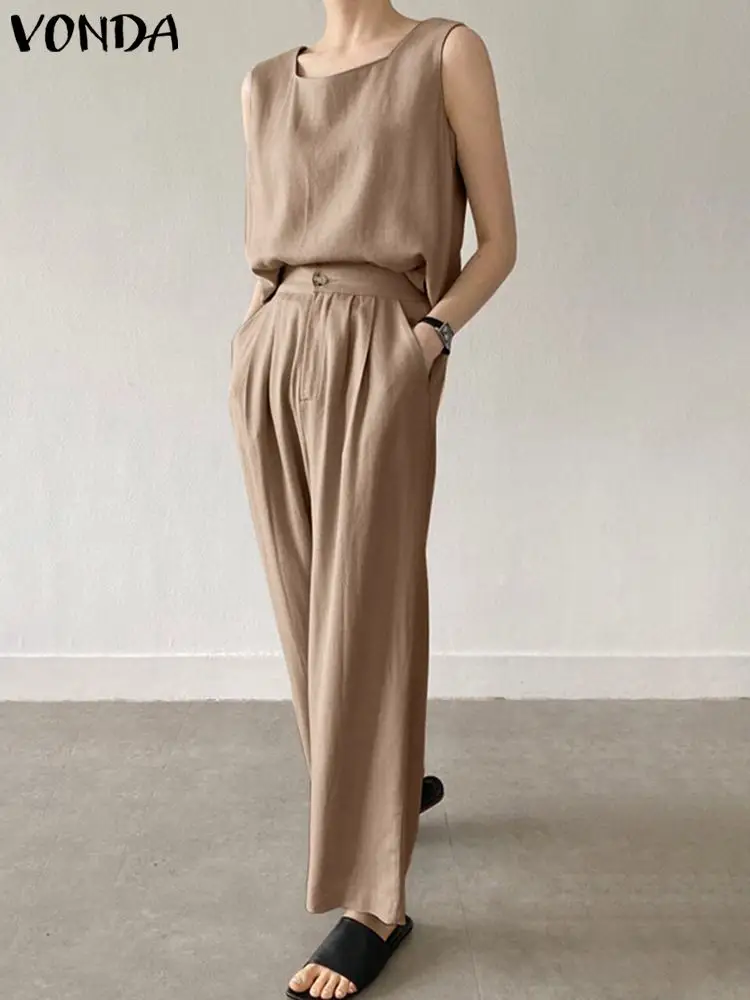 

Women Pants Sets Elegant Suits 2022 VONDA Vintage Square Collar Tank Casual Blouse Tops And Trouser Wide Leg Pants Ropa De Mujer