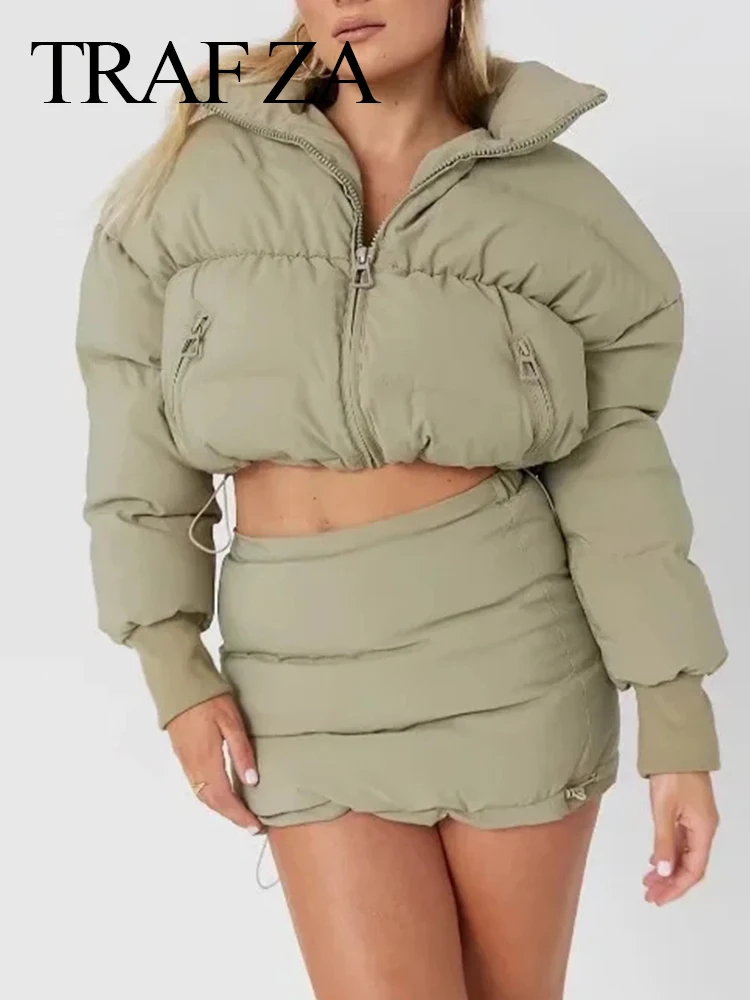 TRAF ZA Women's Solid Short Top With Short Skirt Winter Thick Coat + Short Skirt Two-piece Set Retro Female Chic Clothes