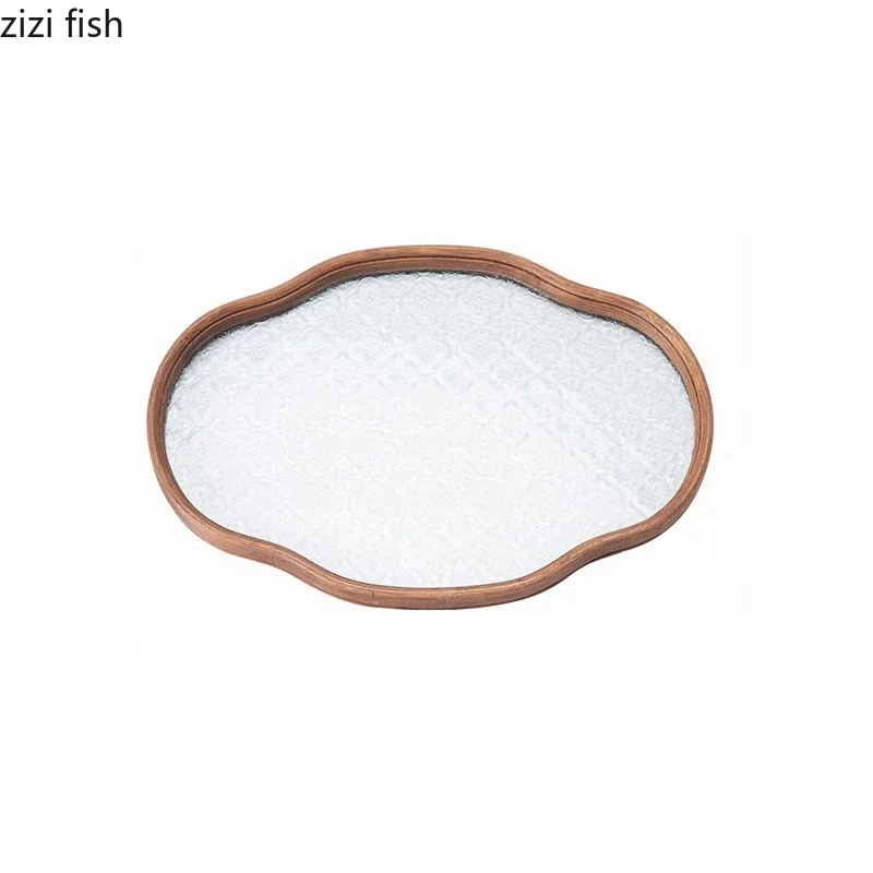 Винтажный стеклянный бамбуковый поднос для чая фруктов торта стеклянные подносы