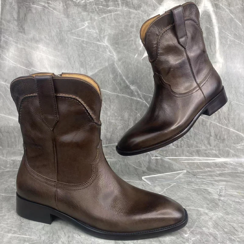 

Винтажные кожаные ботинки в западном стиле, женские новые остроносые рыцарские ботильоны до середины икры из коровьей кожи на толстой подошве для осени и зимы