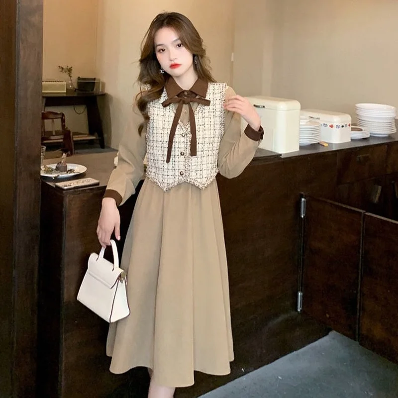 

Autumn Dress Two Piece Set Women Casual Tweed Vest Top and Elegant Base Mid-Length Dresses Vintage Suits Womens Outfits E344