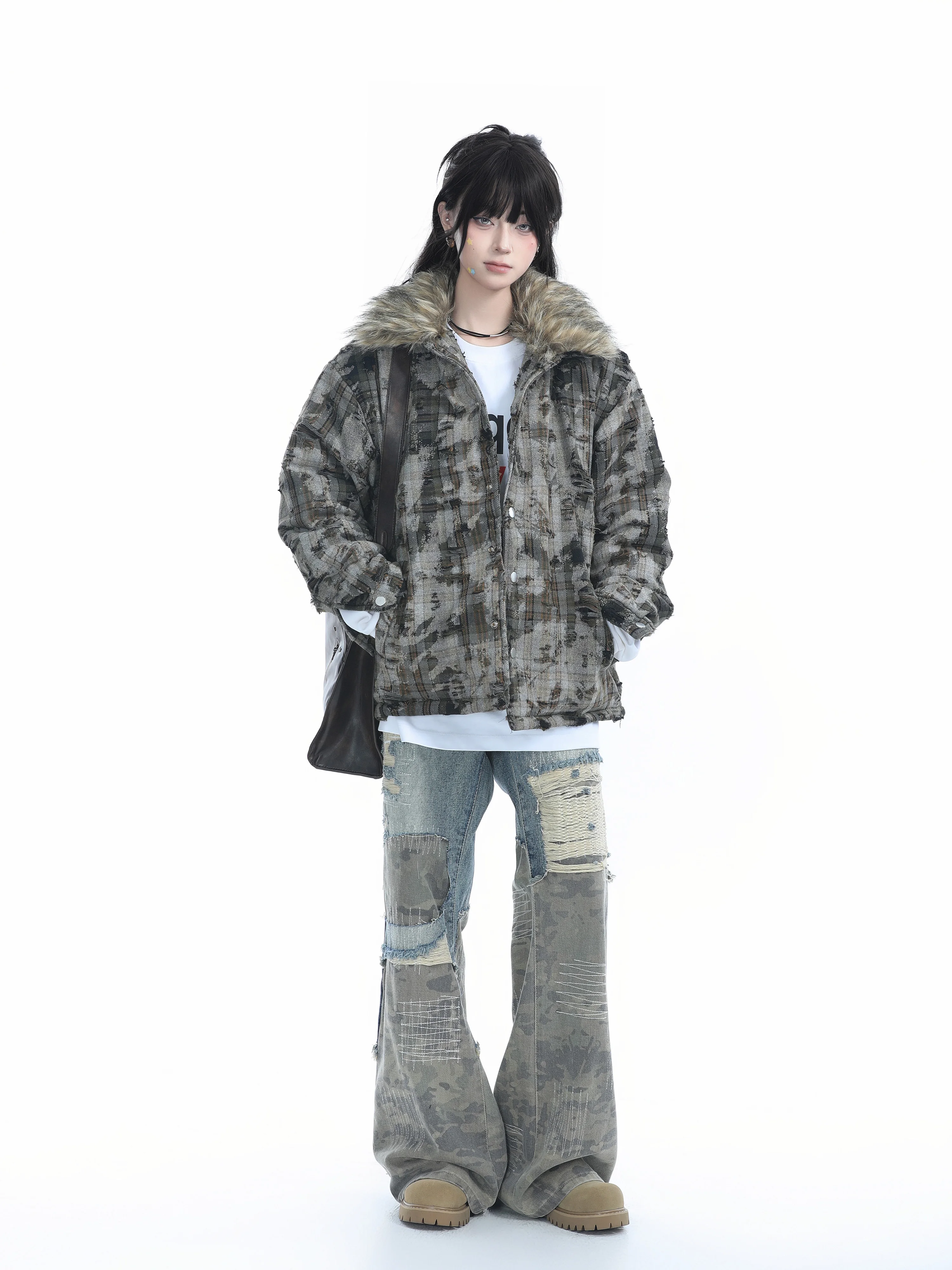 [Sitting in the Mountains] American vintage Camouflage Hood Cotton-Padded Coat for Women Winter Thickened Big Fur Collar Cott...