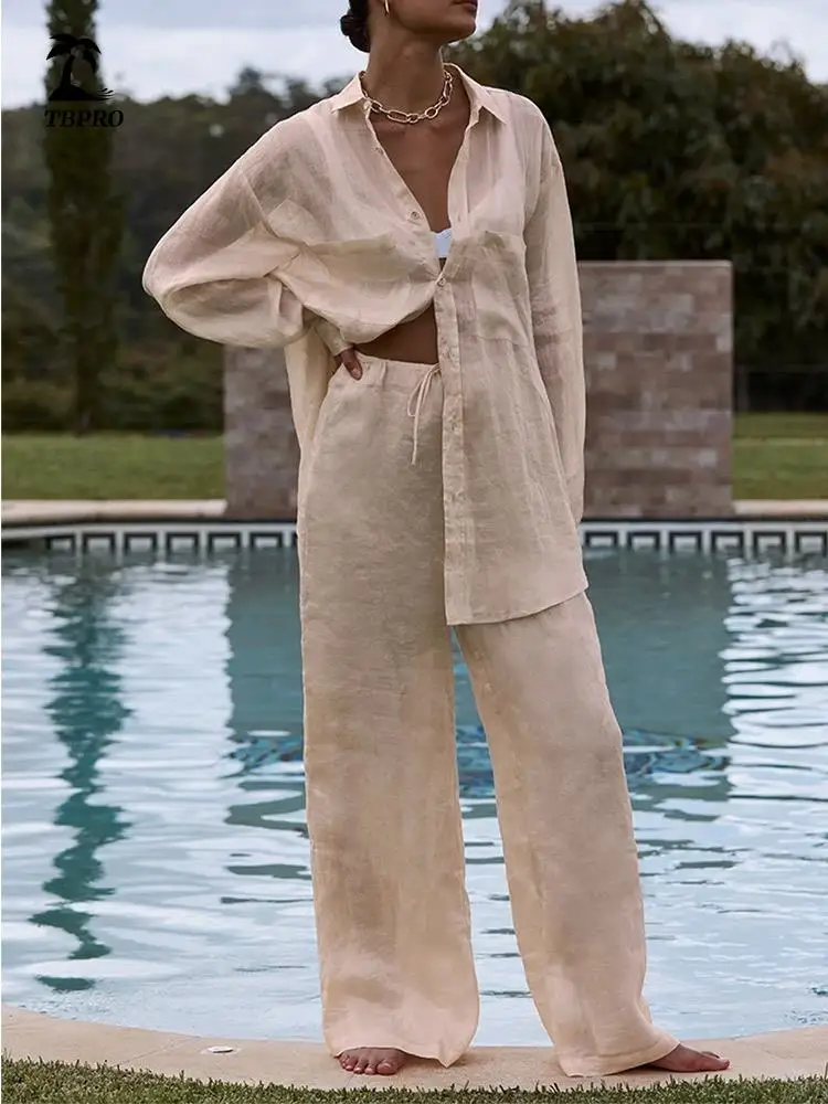 

Комплект из двух предметов, Женская хлопковая льняная рубашка, повседневная однотонная летняя рубашка, штаны, комплект, костюмы, домашняя с...