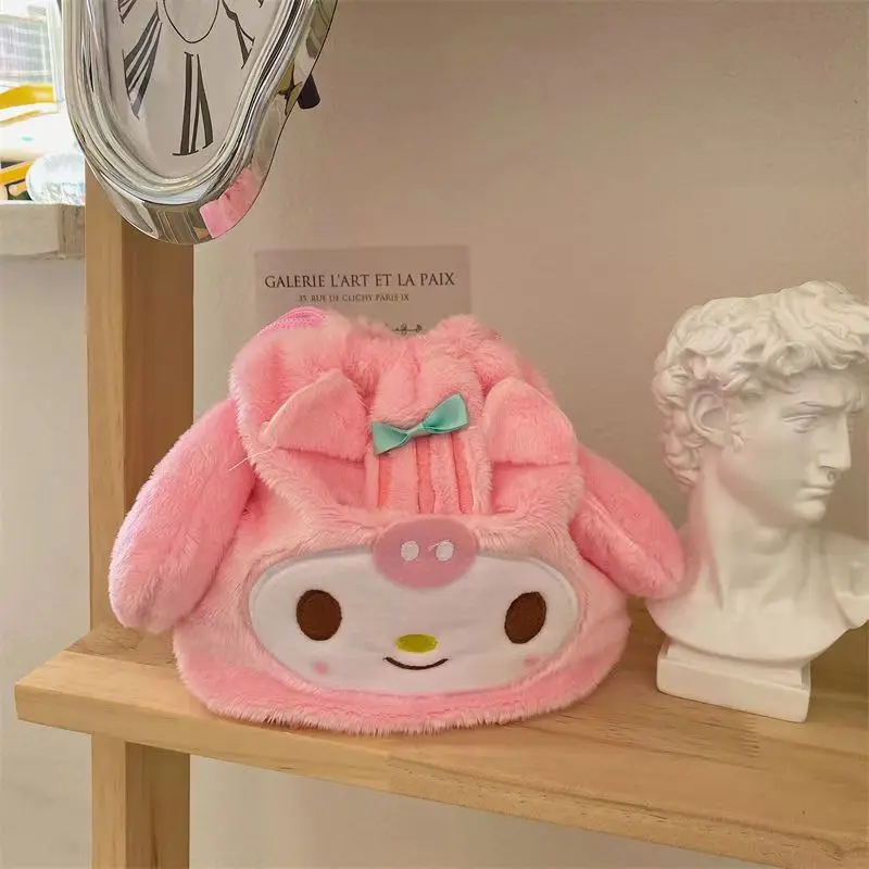 

Kawaii Sanrio My Melody, кошелек для хранения, синий Коричный милый Милая Вышивка, плюшевая косметика на шнурке для девушек, на одно плечо