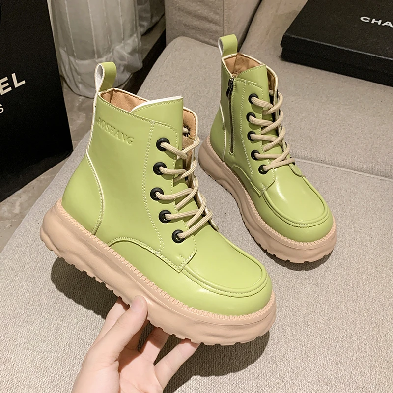 

Black Leather Ankle Boots for Women Autumn Winter Round Head Lace Up Shoes for Women's Fashionable Motorcycle Platform Shoes