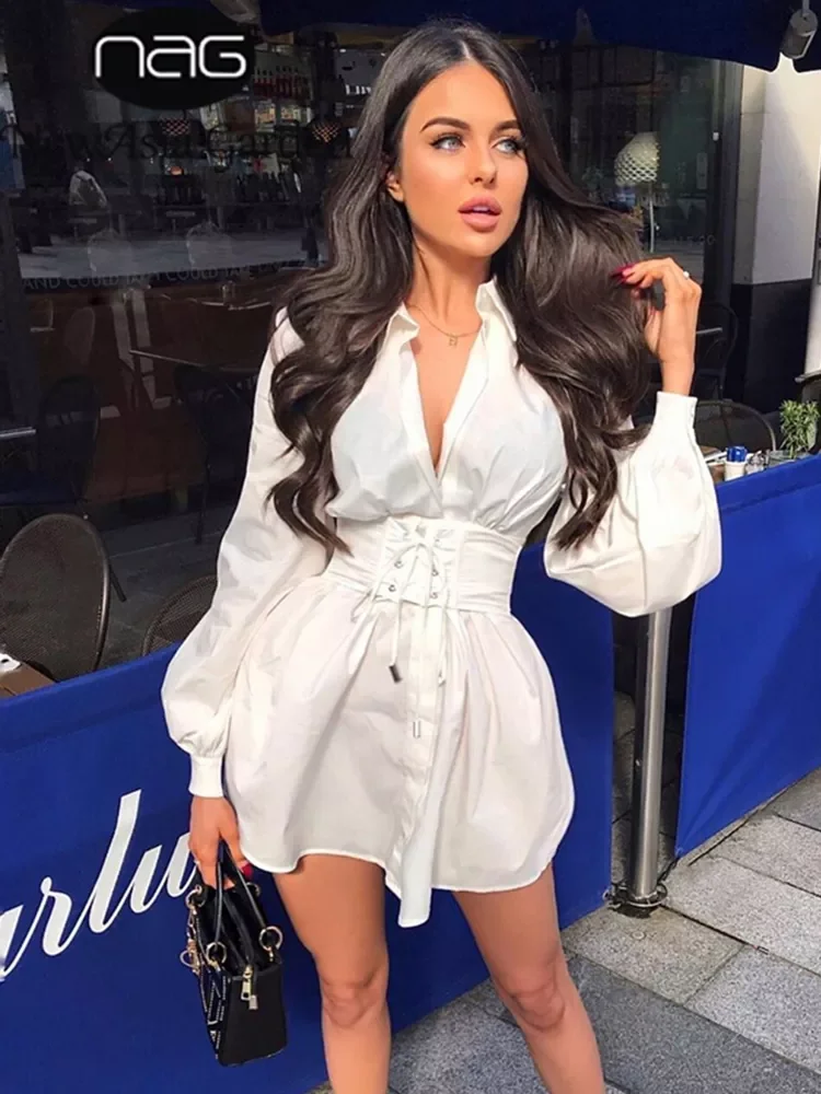 

NewAsia Long Sleeve Shirt Dress With Corset Belt Casual Dress Women Vintage Sexy Pink Fashion Party Dresses Mini White Vestdos