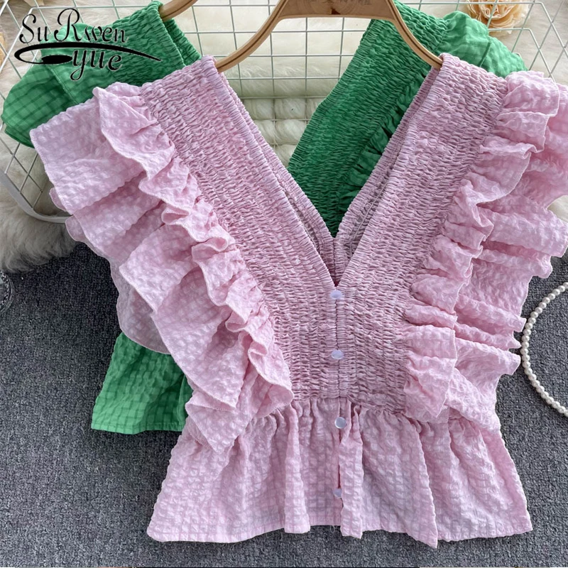 

2022 new niche design V-neck ladies tops summer Ruffle slim western style solid color sleeveless loose woman blouse 22237