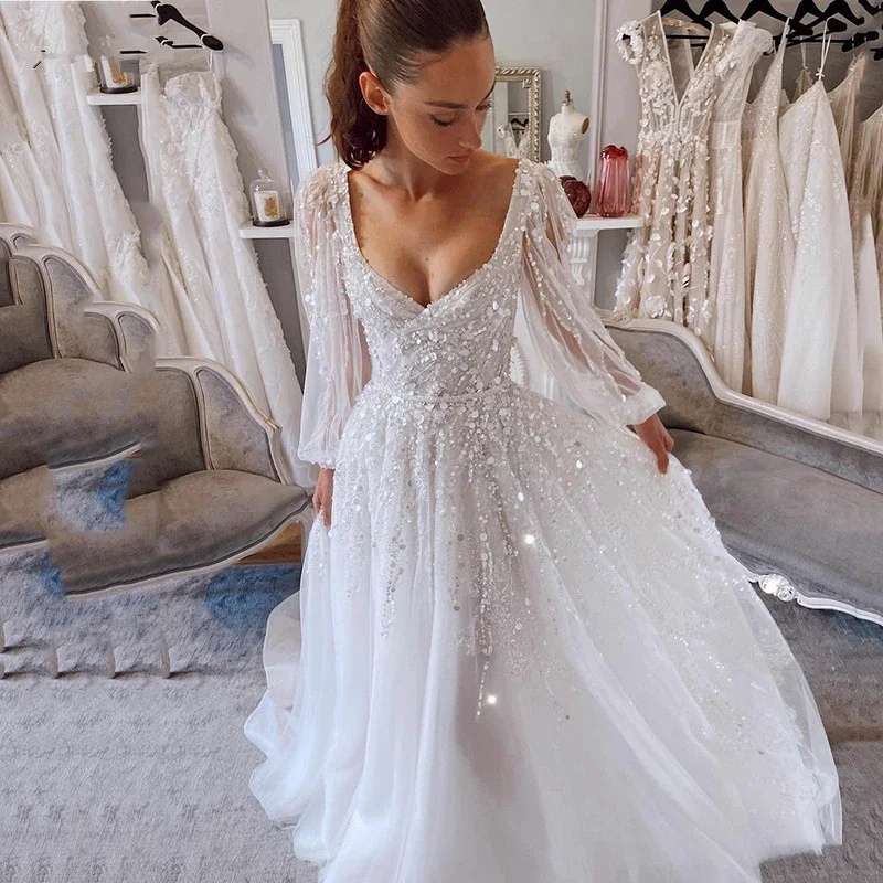 

Sequins Ivory Princess Wedding Dress Puff Sleeve Width Sexy V Neck Bride Dresses Tulle A Line Wedding Party Gowns Vestidos