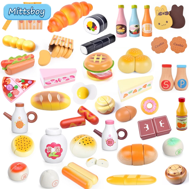 

1Pcs Montessori Simulation Kitchen Toy Wooden 3D Fruit Vegetable Bread Pizza Condiment Bottles Educational Toy for Children Gift