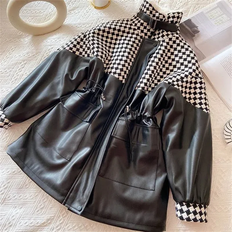 

New Winter 2022 Leather Coat Women's Medium Length Patchwork Loose Checkerboard PU Leather Cashmere Thick Parker Cotton Garment