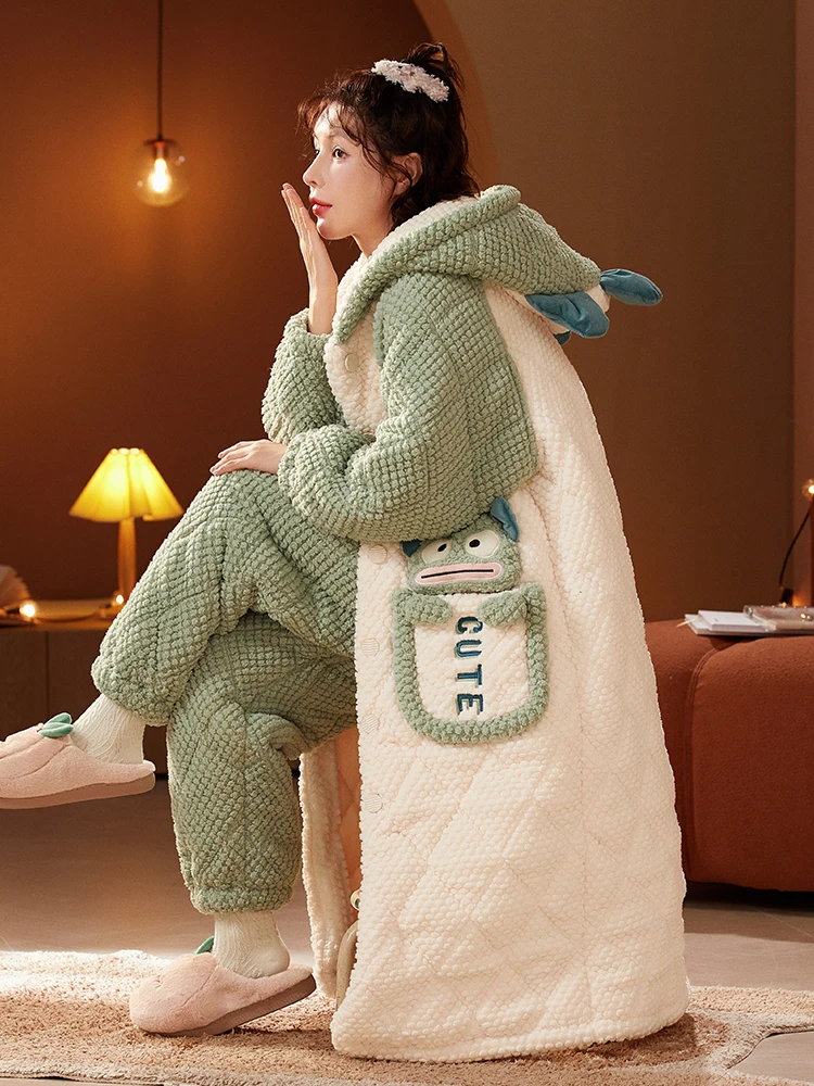 Coral Fleece Quilted Pajamas Women Winter Fleece-lined Three-Layer Warm Flannel Funny Cartoon Hood Nightgown Homewear