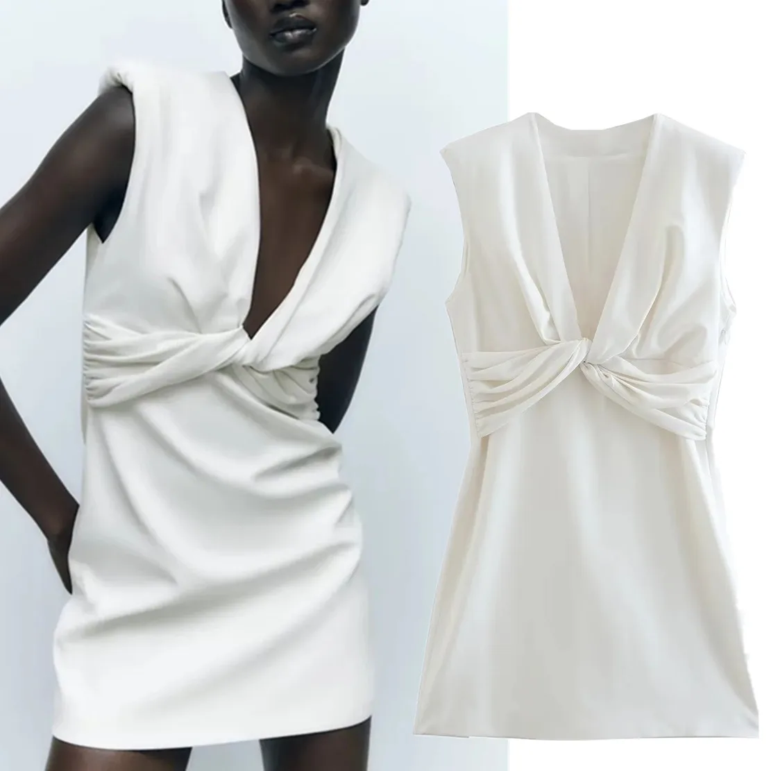 

Женское офисное платье Maxdutti в английском стиле, модное белое Плиссированное мини-платье с V-образным вырезом и плечевым ремнем