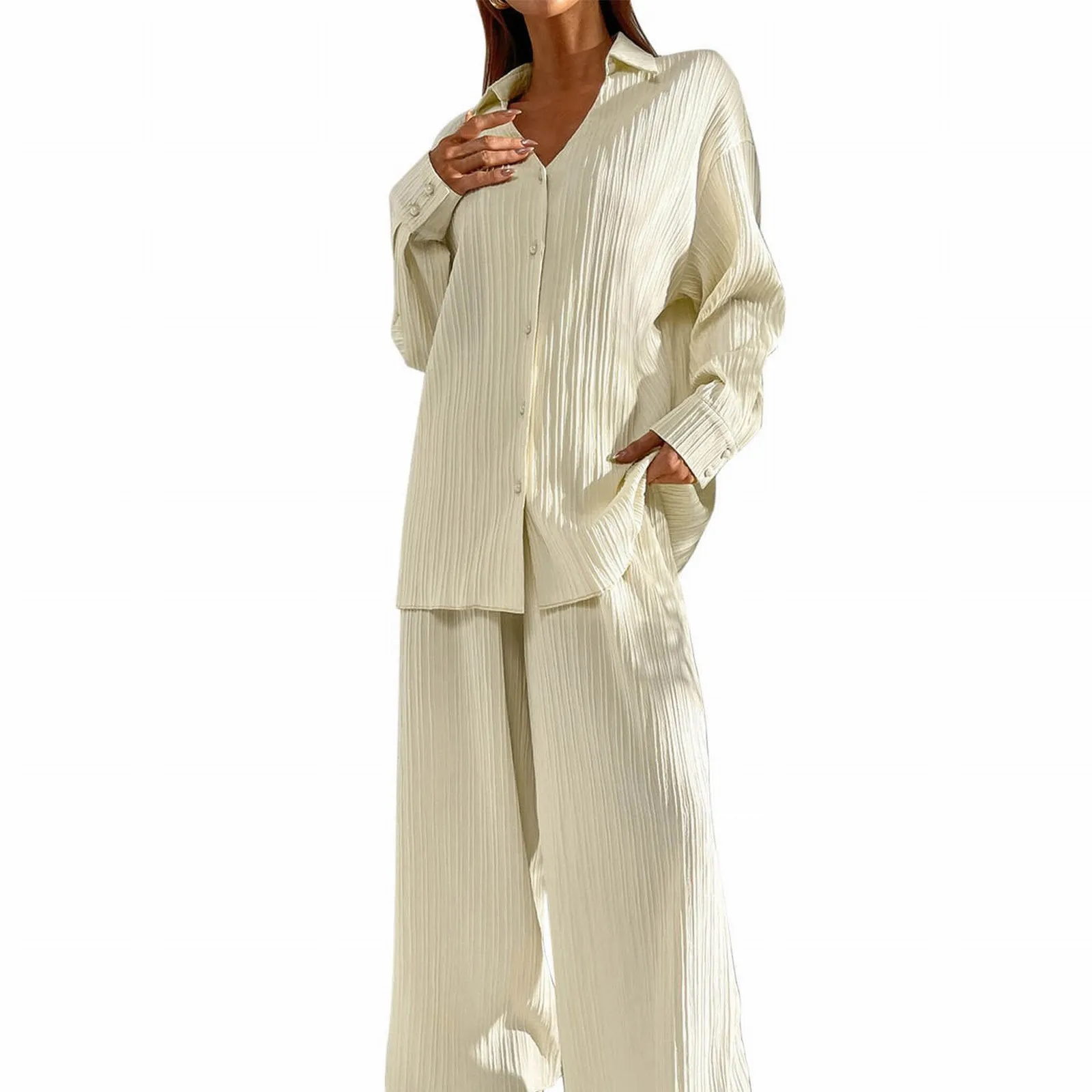 

Женский плиссированный комплект из двух предметов: рубашка с длинным рукавом и прямые широкие брюки