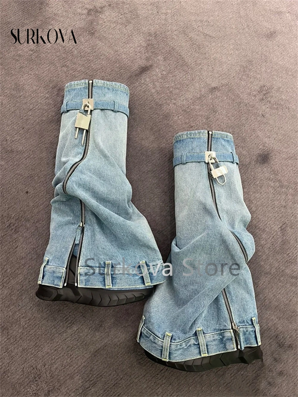 Denim Shark Boots Metal Lock Fashion Motorcycle Boots Ins Trend New Style Knee-High Boots Thick Flat Heel Sexy Women's Shoes