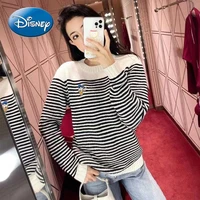 disney donald duck female plus size loose sweater embroidered pullover sweater black and white pinstripe slim top