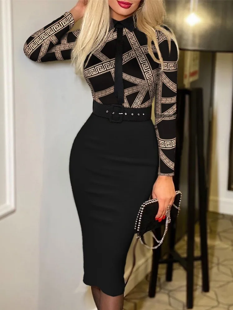 

2023 New Dresses For Women Houndstooth Print Long Sleeve Tie Detail Work Dress With Belt Y2k Vestidos Office Lady Elegant Midi
