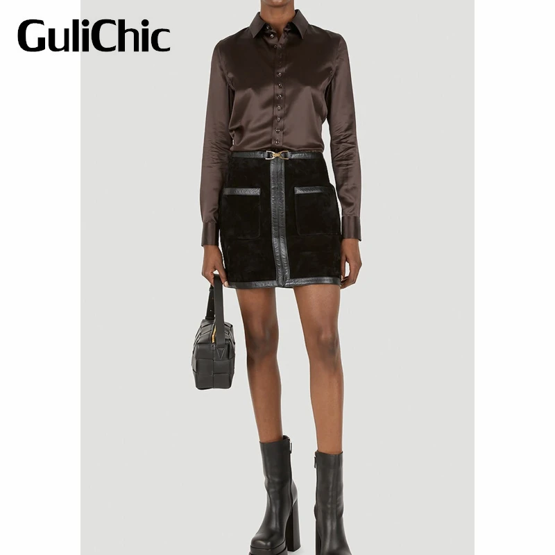

11.17 GuliChic Women Temperament Elegant Cow Leather Patchwork High Waist Vintage Black Suede A-Line Skirt