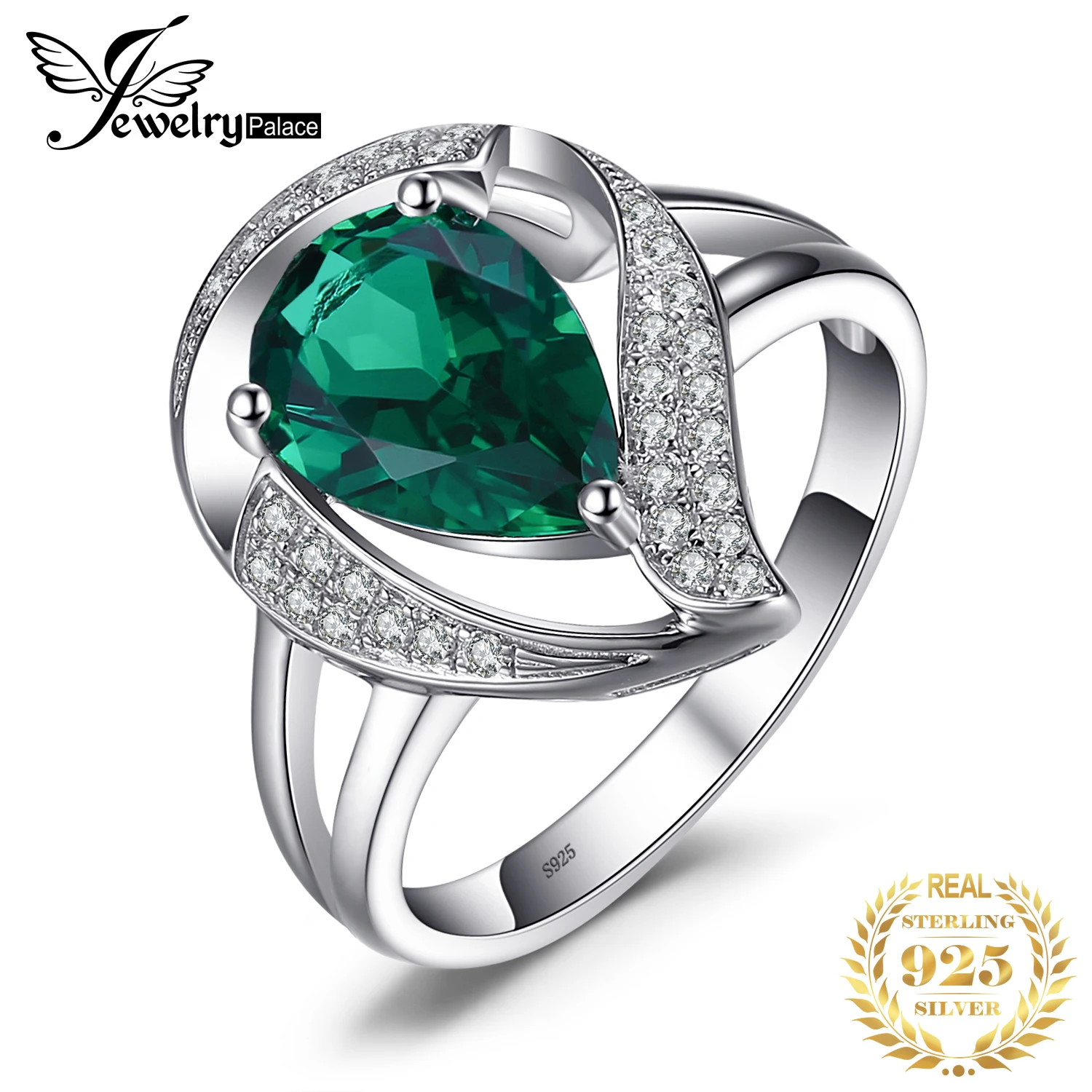 

JewelryPalace Pear Green 1.7ct Simulated Nano Emerald 925 Sterling Silver Ring for Women Statement Wedding Gemstone Jewelry