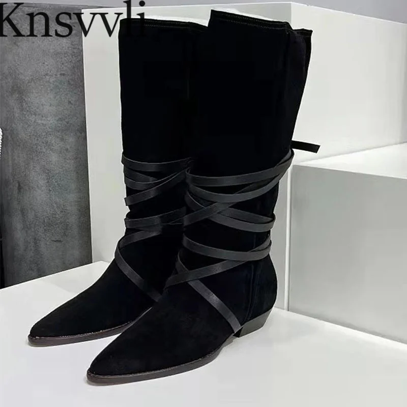 

Cow Suede Knee High Boots Women Pointed Toe Cross Tied Long Boots Runway Shoes Women Flat Western Cowboy Boots Woman