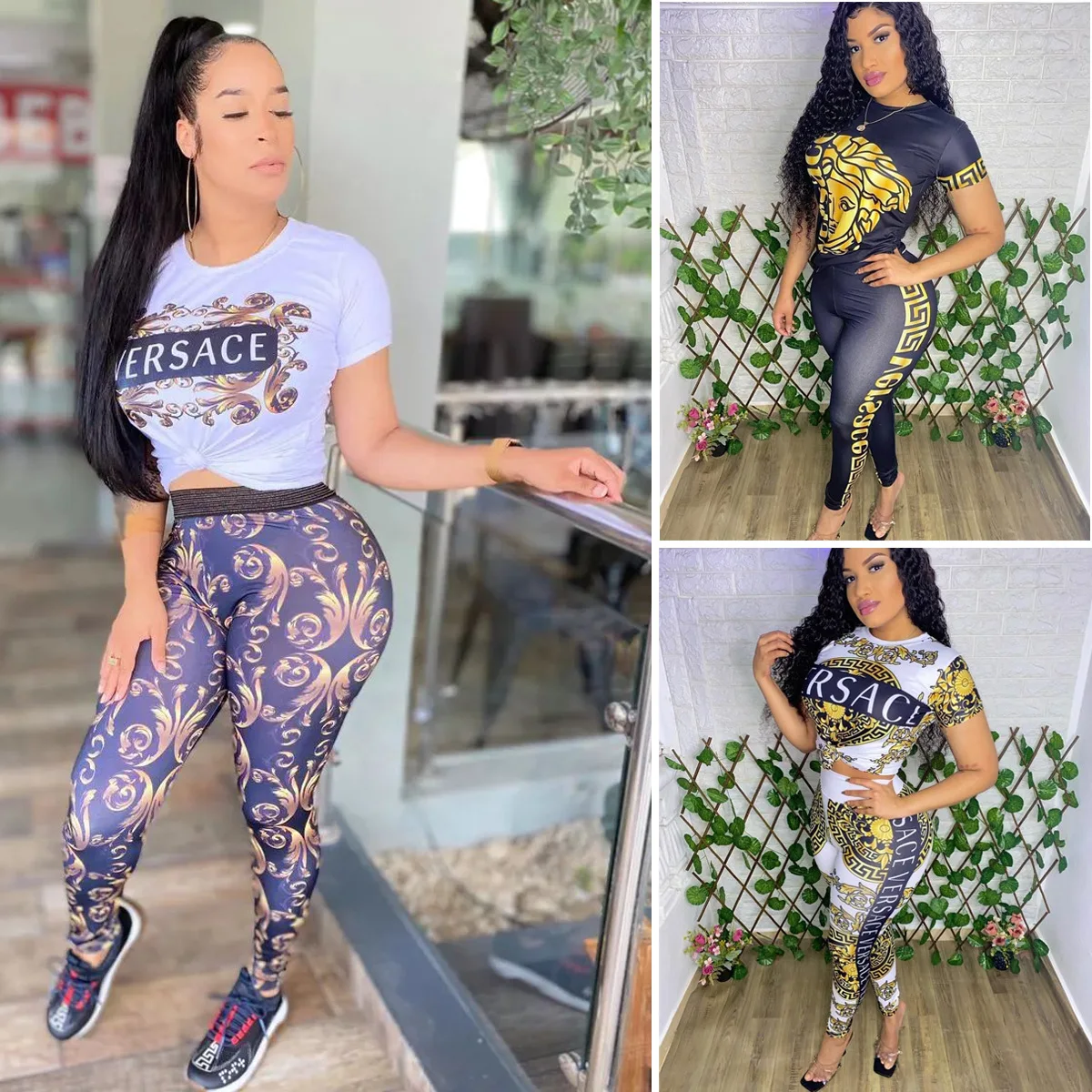 

European And American Fashion Women's Round Neck Printed Letter Elastic Band Casual Set 2023 Summer Street Clothing