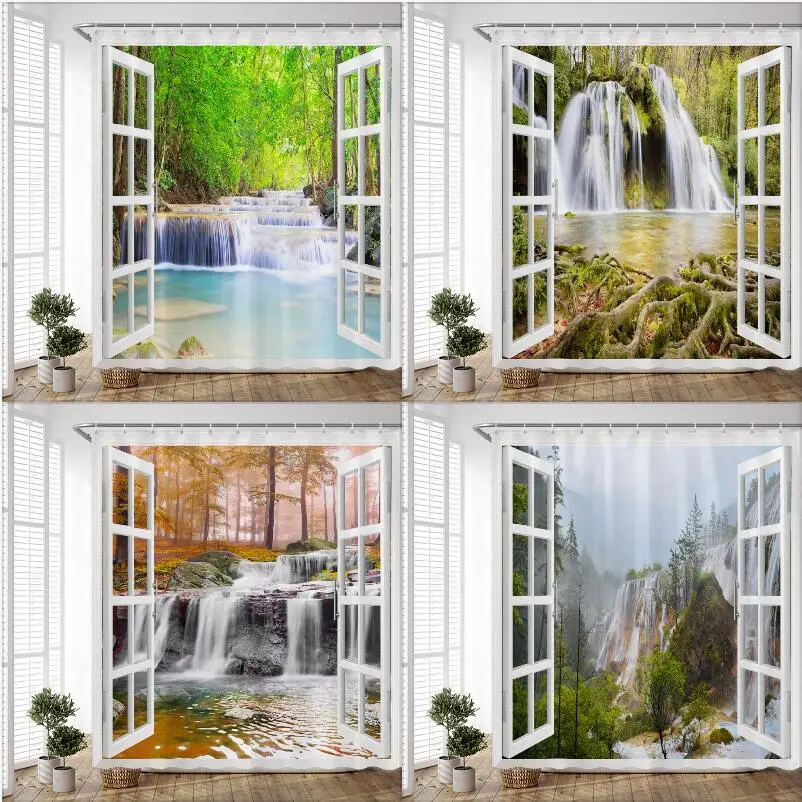 

Занавеска для душа с изображением водопадов на окна, всесезонные занавески для ванны с изображением природных пейзажей, тканевые декоративные аксессуары для ванной комнаты