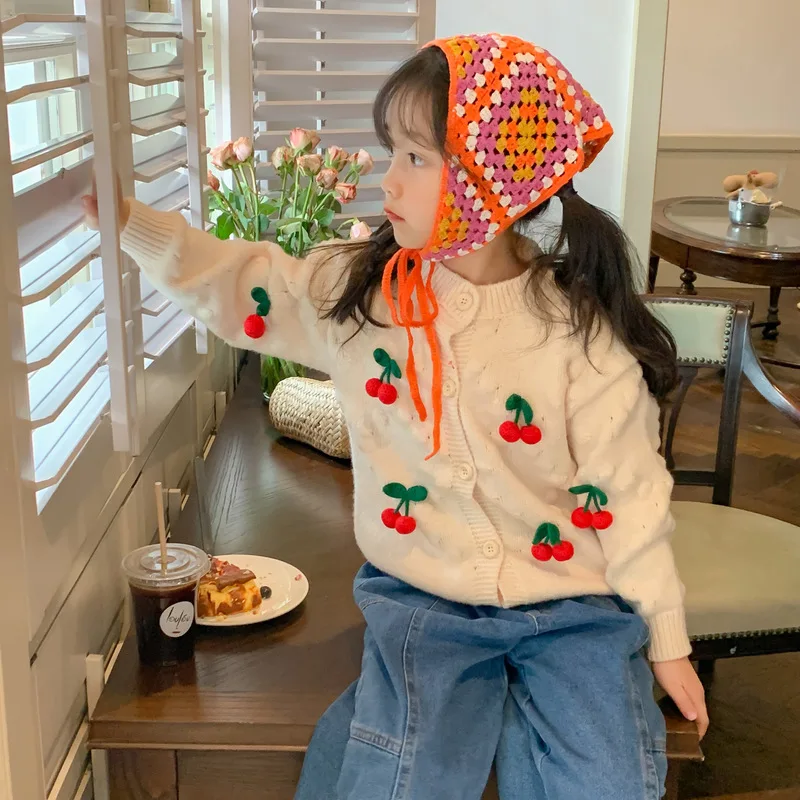 

2022 New Children Sweater Long Sleeve Girls Cardigan Cute Cherry Print Kids Princess Sweater Jacket Cotton Girls Knit Clothes