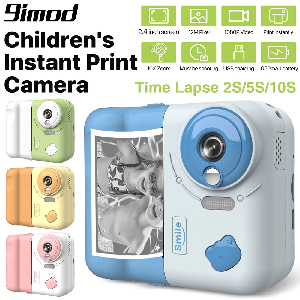 9IMOD Kids Camera Instant Print 2.4 inch 1080P Children Digital Photo Video Camcorder Toy with 10X Zoom TF Card