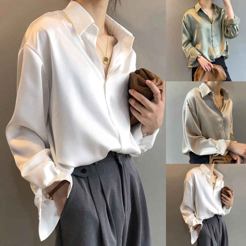 

Осенняя модная атласная шелковая рубашка на пуговицах, винтажная блузка для женщин, белая женская Свободная уличная рубашка с длинным рукавом, 2023
