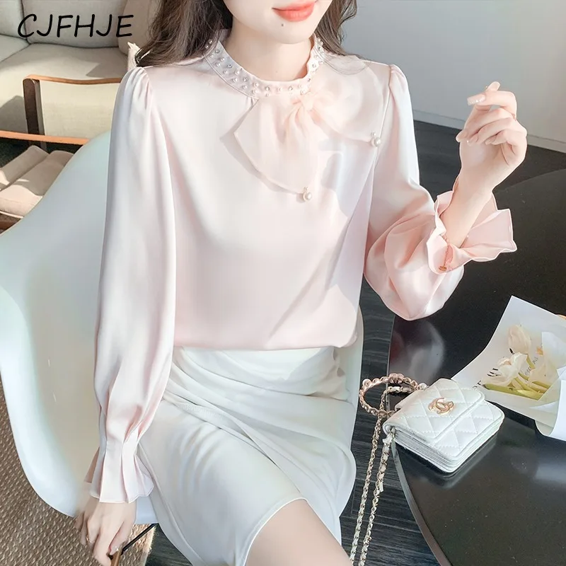 CJFHJE Женская однотонная шифоновая рубашка с вышивкой бисером и бантом на весну