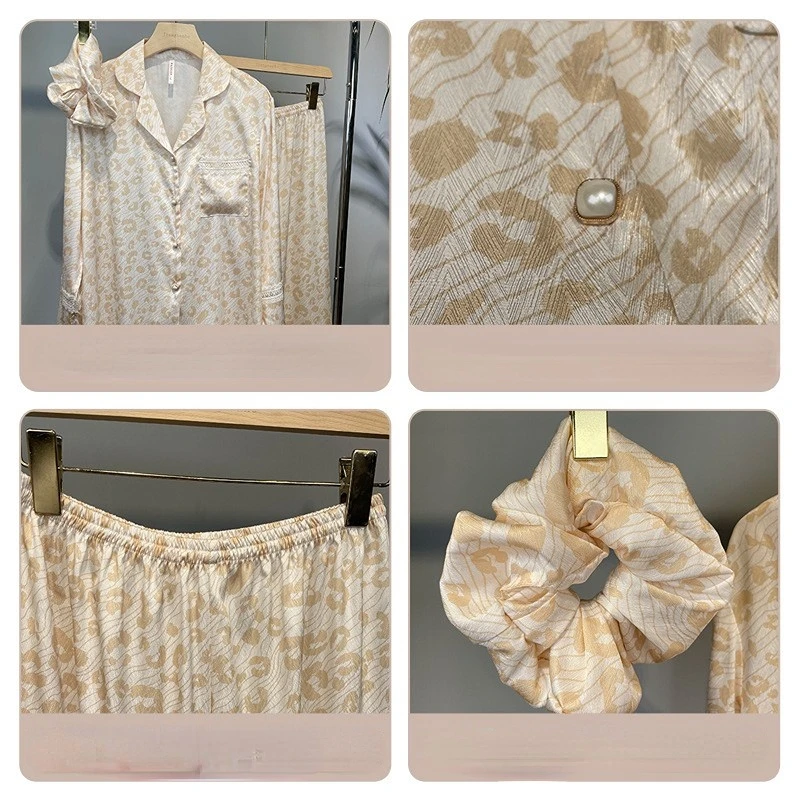 Women's 3 Piece Pajamas Set Leopard Lace Panel Pijama Faux Silk Satin Pyjamas Female Sleepwear Long Sleeve Shirt Pants Hair Band