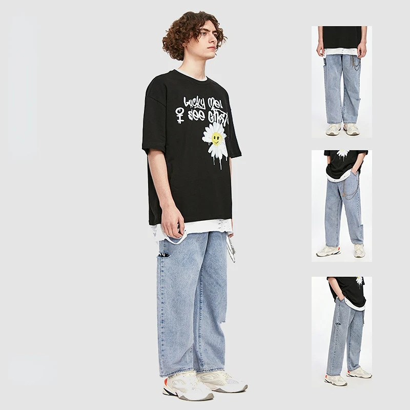 Mens Jeans Streetwear Fashion Youth Loose Trend Hole Wide Leg Korean Straight Jeans Mens Plus Size Baggy Jeans