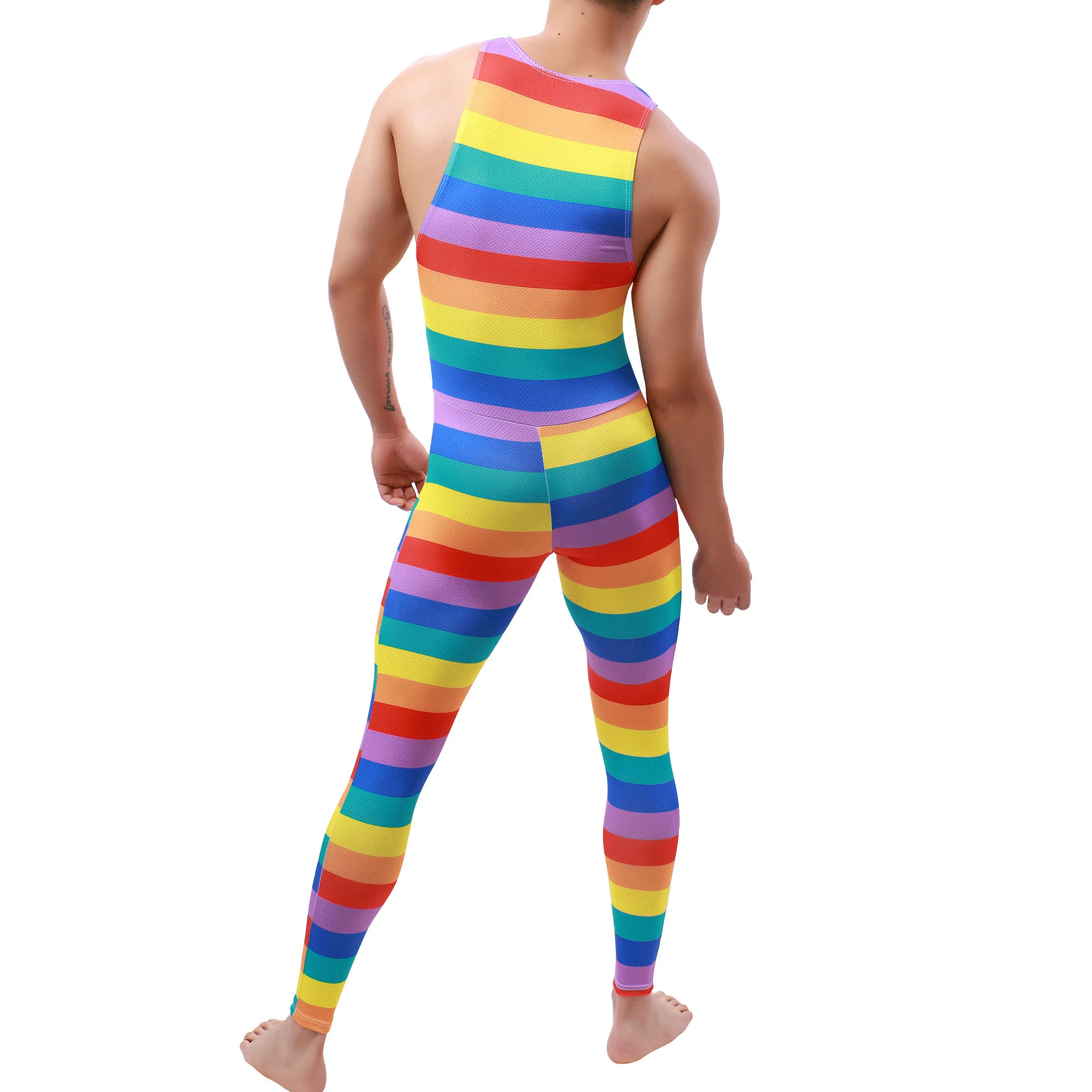 YUFEIDA Mens Undershirt Leotard Sleeveless Rainbow Printed Jumpsuit Men's Leggings Underwear Bodysuit Wrestling Singlet Pajamas