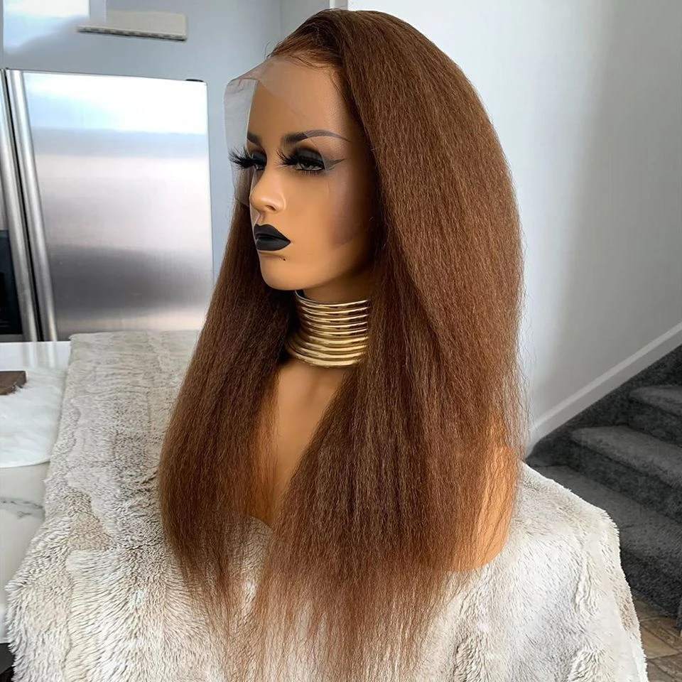 Kinky Straight Wig 180% Density Brown Yaki Straight Hair Wig For Black Women With Babyhair Heat Fiber Hair Wig Daily Wear