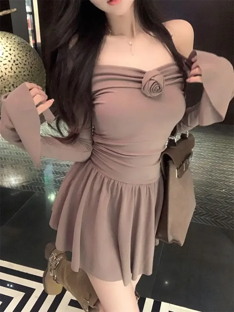 Осень/зима винтажное женское мини-платье с длинными рукавами и открытыми плечами