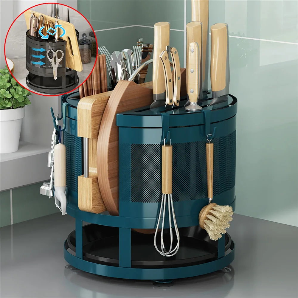 

360° Rotatable Kitchen Storage Rack Knife Rack Chopsticks Cage Drain Rack Chopping Board Rack Countertop Tableware Storage Rack