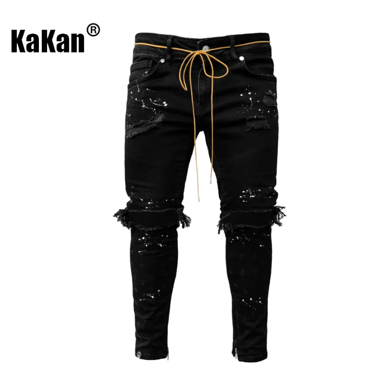 Kakan - European and American New Tight Feet Painted Perforated Jeans for Men, Light Blue Black Wash Jeans K40-1973