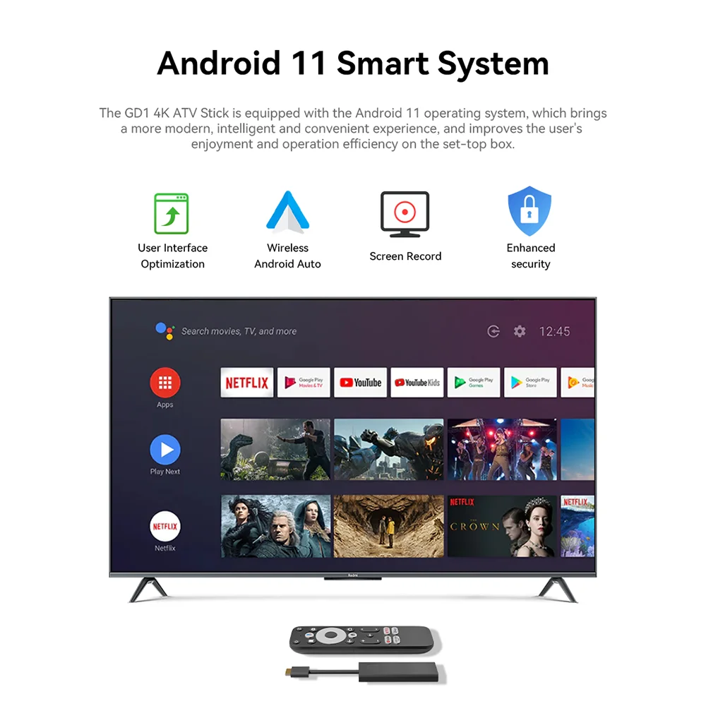 Фото GD1 Google Сертифицированный подлинный Netflix 4K Smart Android TV Stick с поддержкой Amlogic S905Y4 2 ГБ + 16 ГБ Обновленная версия приложения Чили, США №5