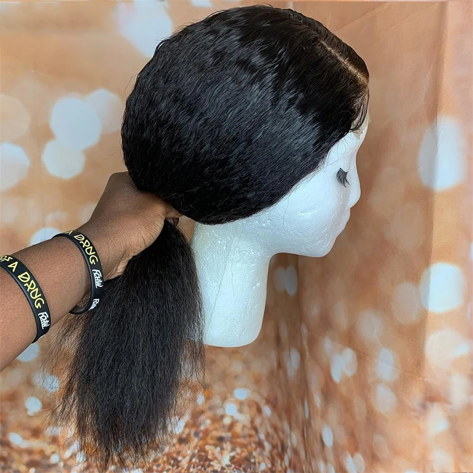 

Preplucked Soft Yaki 180Density Glueless Short Bob Kinky Straight Natural Black Lace Front Wig For African Women Babyhair Daily