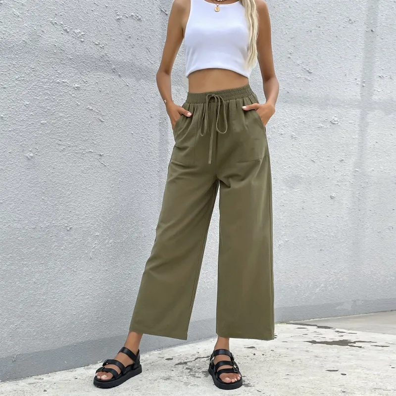 

Army Green Vintage Ankle-Length Pants Women Solid Colors Drawstring Casual Commute Wide Leg Pants Office Lady Fashion Trousers