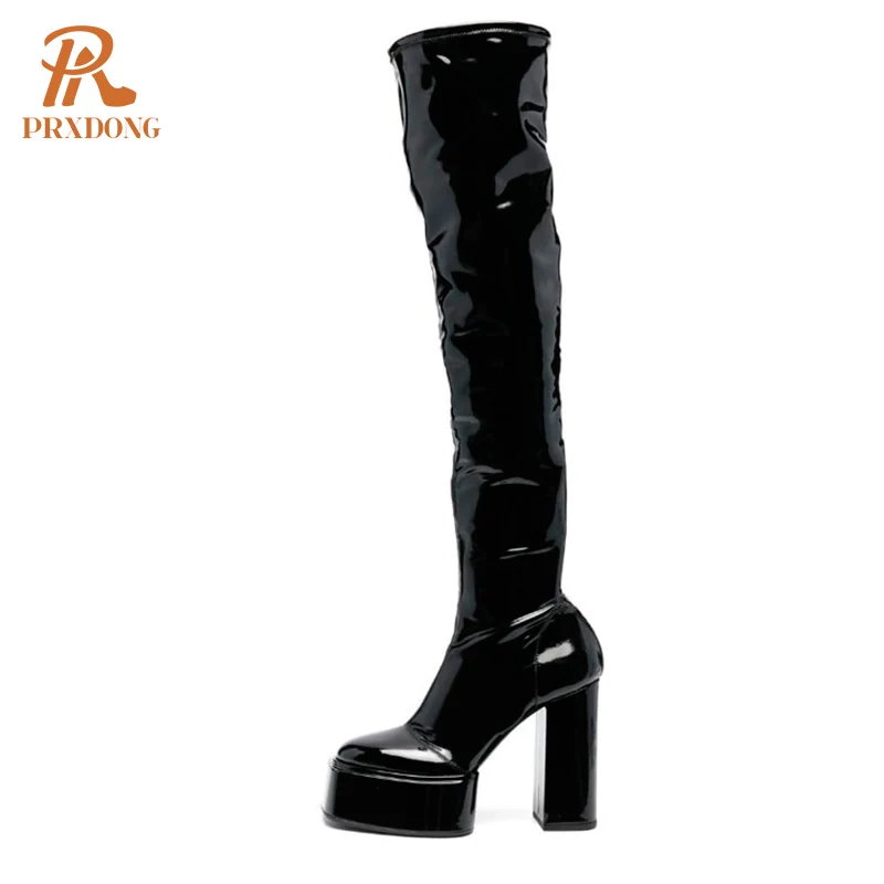 

Женские сапоги выше колена на платформе PRXDONG, черные или бежевые вечерние Сапоги выше колена в римском стиле на массивном высоком каблуке, О...