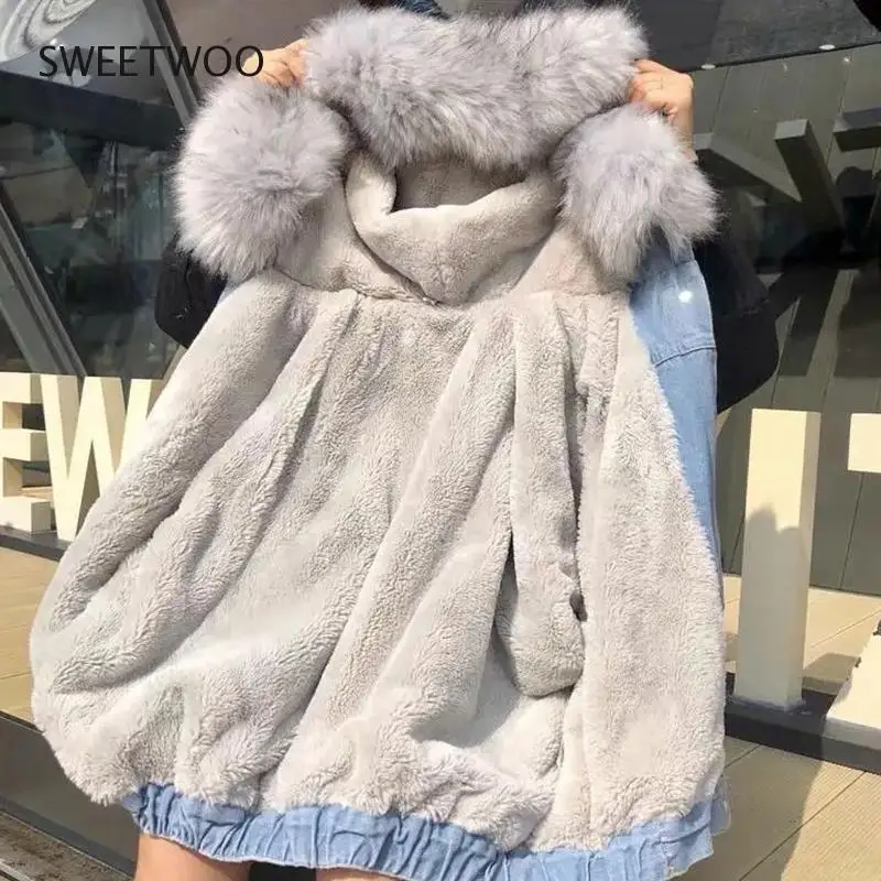 Plus Velvet Thickening Denim Jacket Winter Warm Hooded Fur Collar Single-Breasted Jackets Casual Warm Lambswool Streetwear Parka